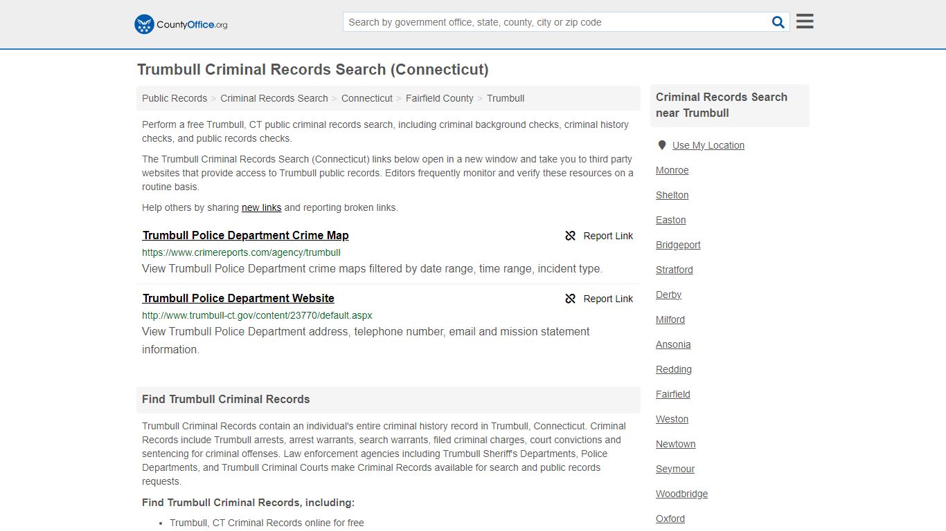 Trumbull Criminal Records Search (Connecticut) - County Office